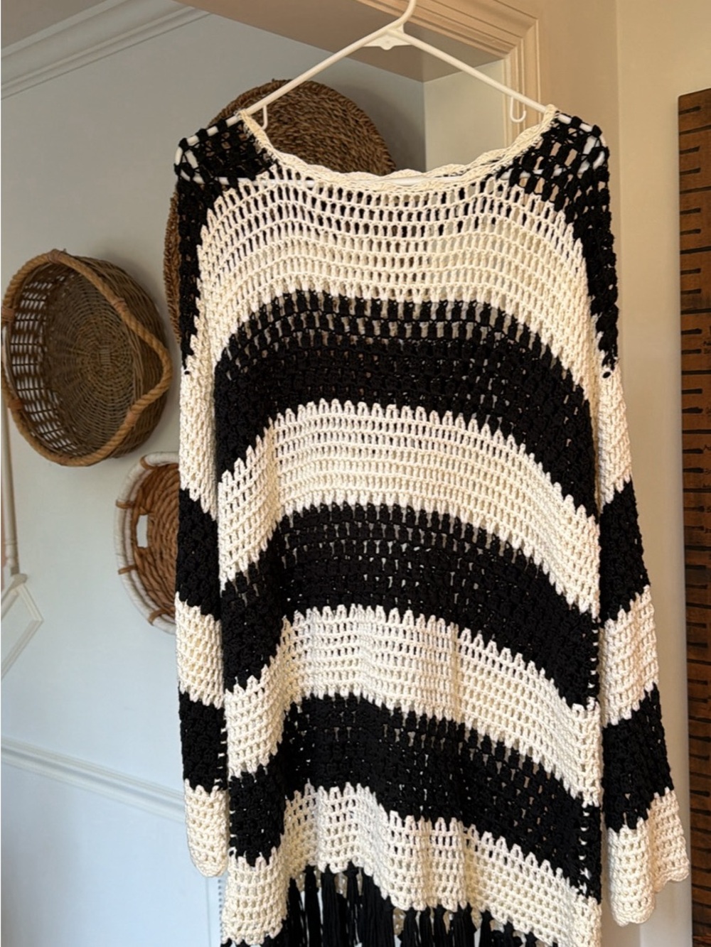 Show Me Your MuMu Black and White Striped Crochet Sweater Poncho